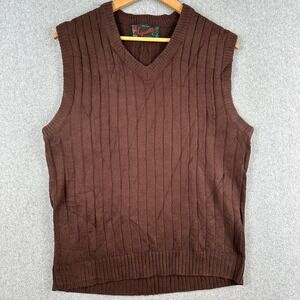 Vintage Sigallo Sweater Vest 80s Men L Brown V-Neck Ribbed Knit Acrylic Pullover